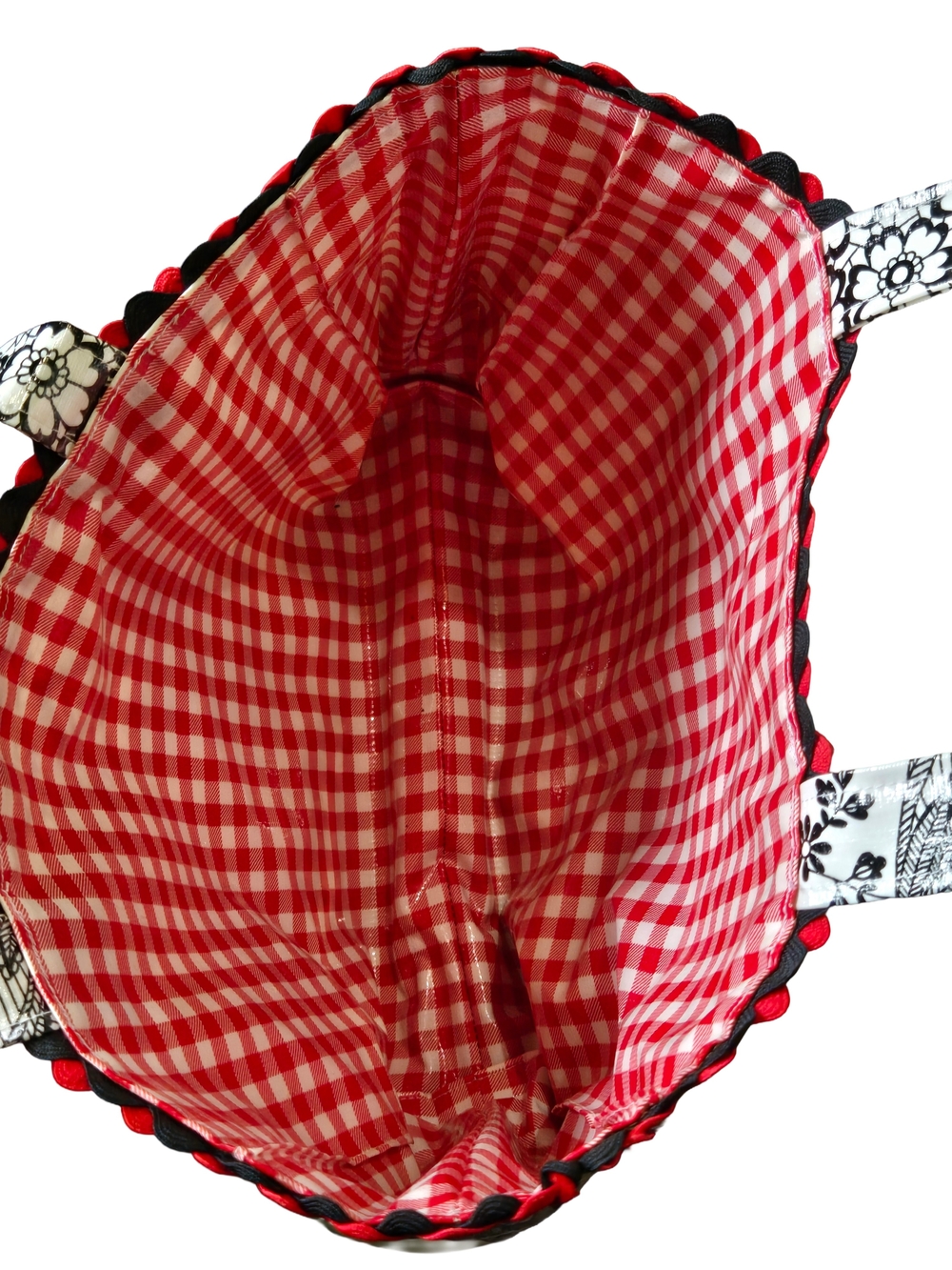 Handmade Black White Floral Mini Tote Bag Red Gingham Lined Oilcloth Purse - Picture 2 of 2